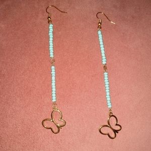 Long Handmade Gold Turquoise Blue Beaded Earrings Butterfly Butterflies KATTA